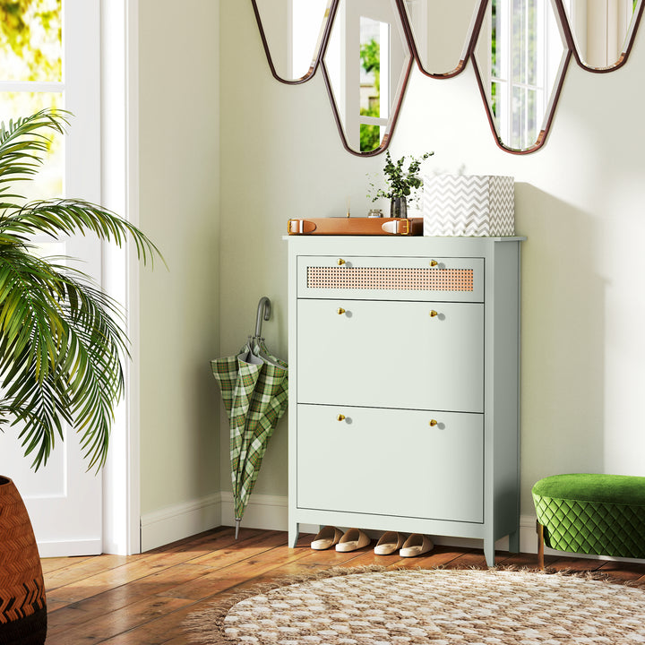 Skoskab til 12 par sko, med 1 udtræksskuffe, 2 vippeskuffer, skokommode, 88 x 30 x 120 cm, grøn