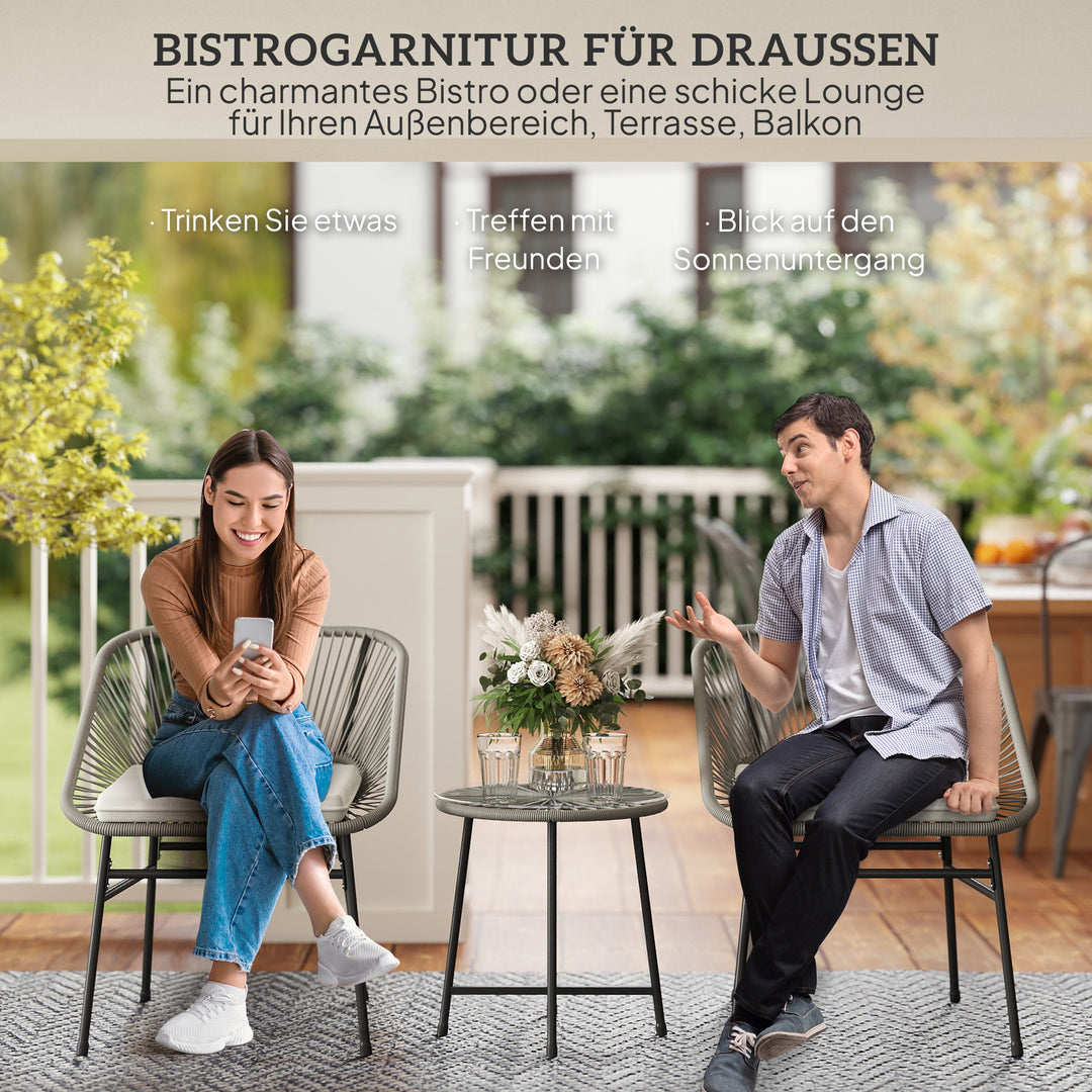 3-Delt havemøbelsæt, 1 bord, 2 stole, rottingvævning, stålstel, sofabord med glasplade, mørkegrå