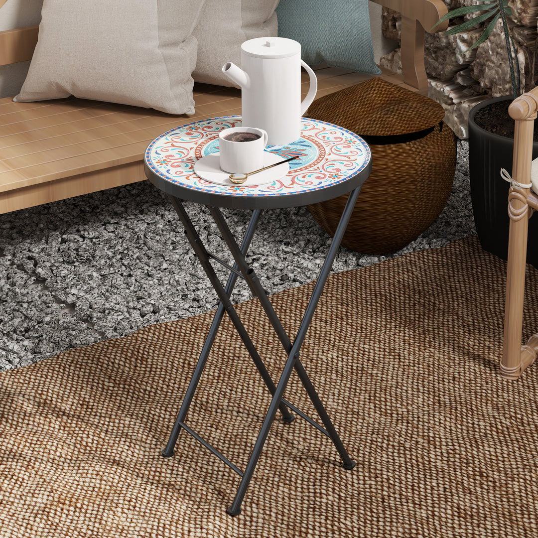 Mosaik havebord, foldbart rundt terrassebord med metalramme og keramisk bordplade, mosaikmønster, flerfarvet