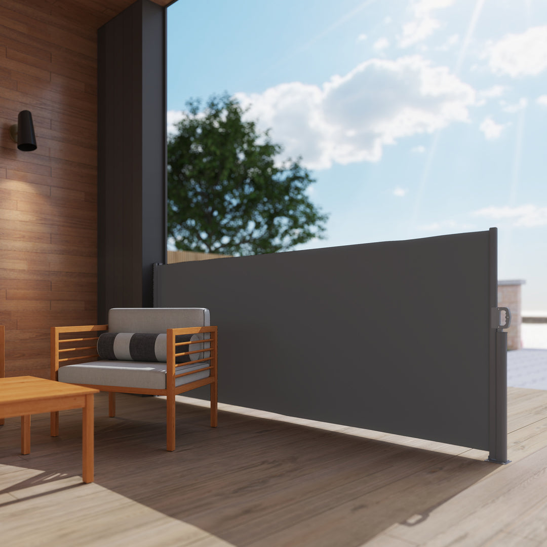 Sidemarkise, udtrækkelig, uigennemsigtig privatlivsskærm med vægbeslag, belægning, 300x140 cm, mørkegrå