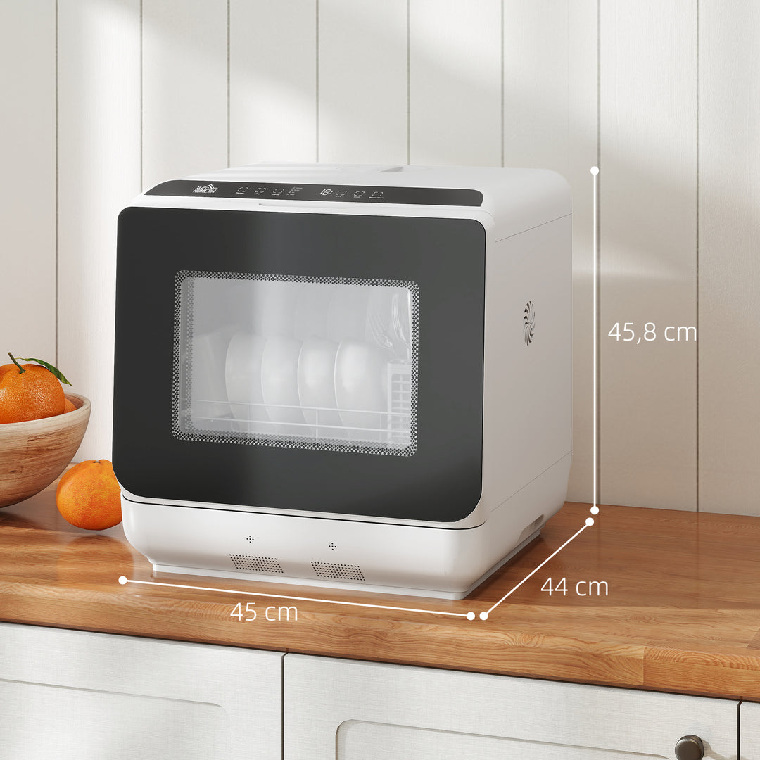 Mini opvaskemaskine med 6-liters tank, 5 programmer, led-display, tørrefunktion, hvid