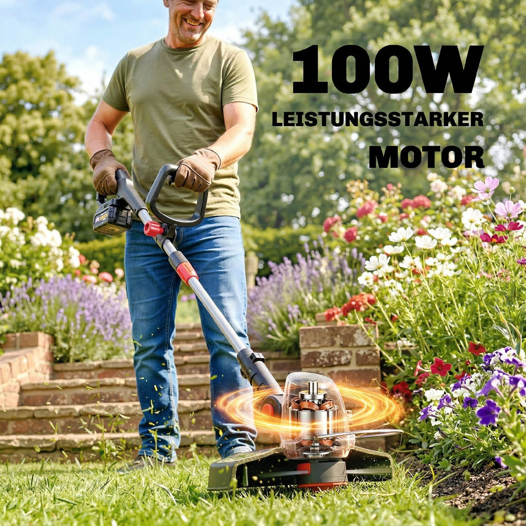 Batteridrevet plænetrimmer/buskrydder med 30 cm klippebredde, justerbart håndtag, vipbart motorhoved til have og gårdsplads, sølv