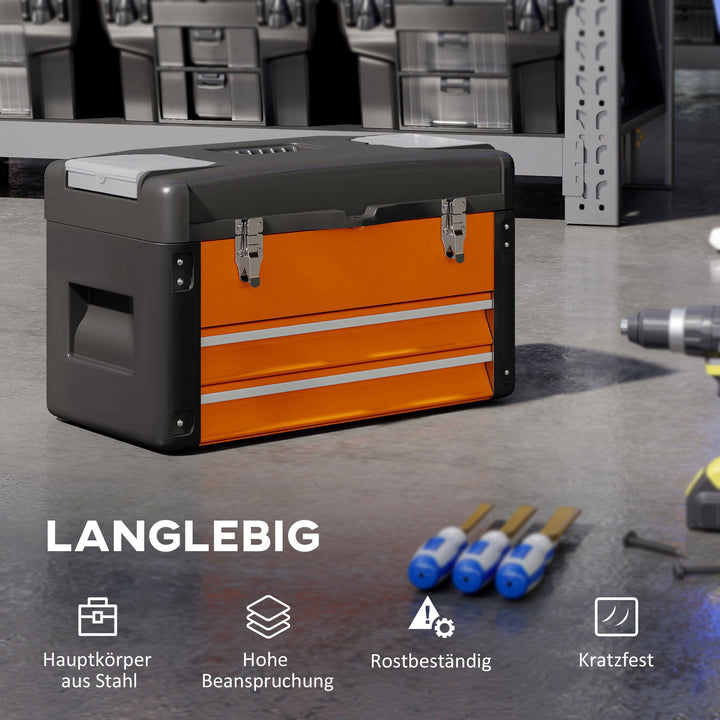 Tom værktøjskasse, 49,7 x 25,3 x 28,9 cm værktøjskasse med skuffe, minikasse stål orange