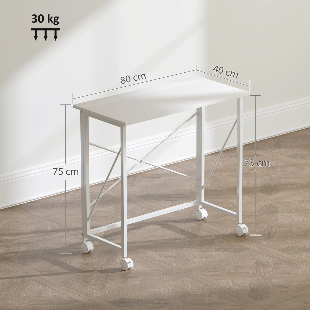Skrivebord med hjul, foldbart kontorbord med stålramme til arbejdsværelse/soveværelse, 80 x 40 x 75 cm, hvid