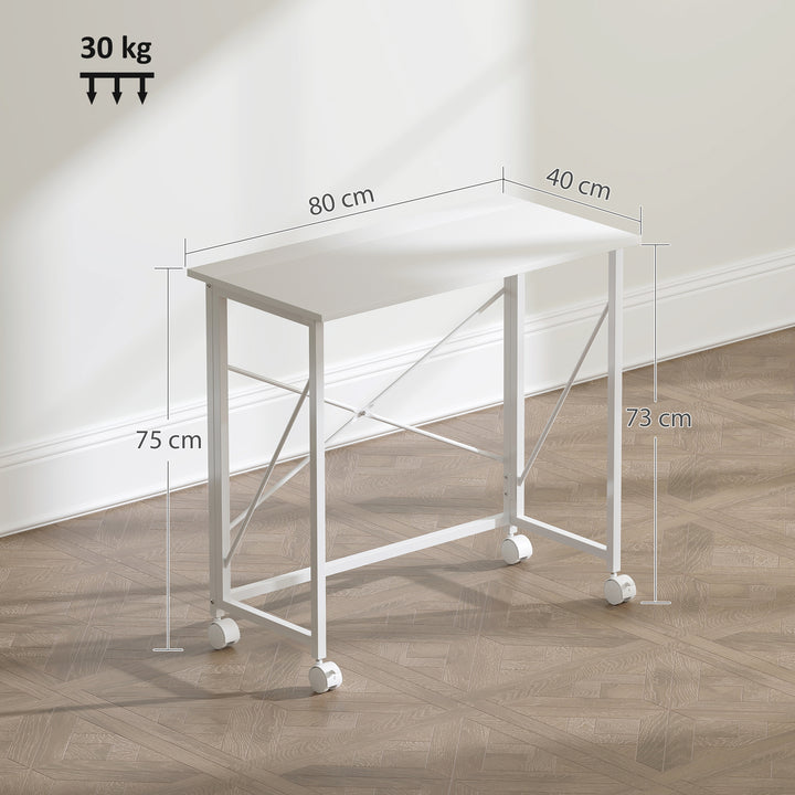 Skrivebord med hjul, foldbart kontorbord med stålramme til arbejdsværelse/soveværelse, 80 x 40 x 75 cm, hvid