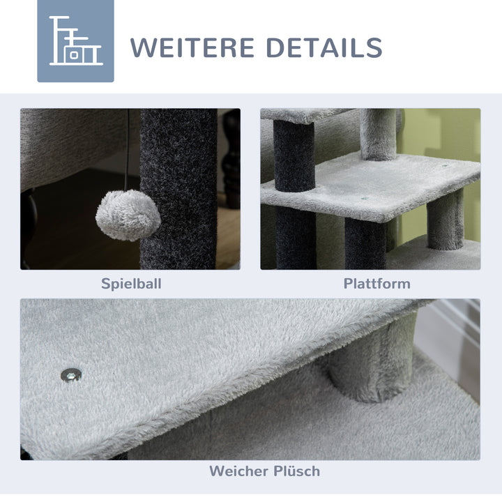 Kradsetræ, kæledyrstrappe, 4 trin, legebold, hus, højdejusterbart, sort+grå, 60 x 40 x 66 cm