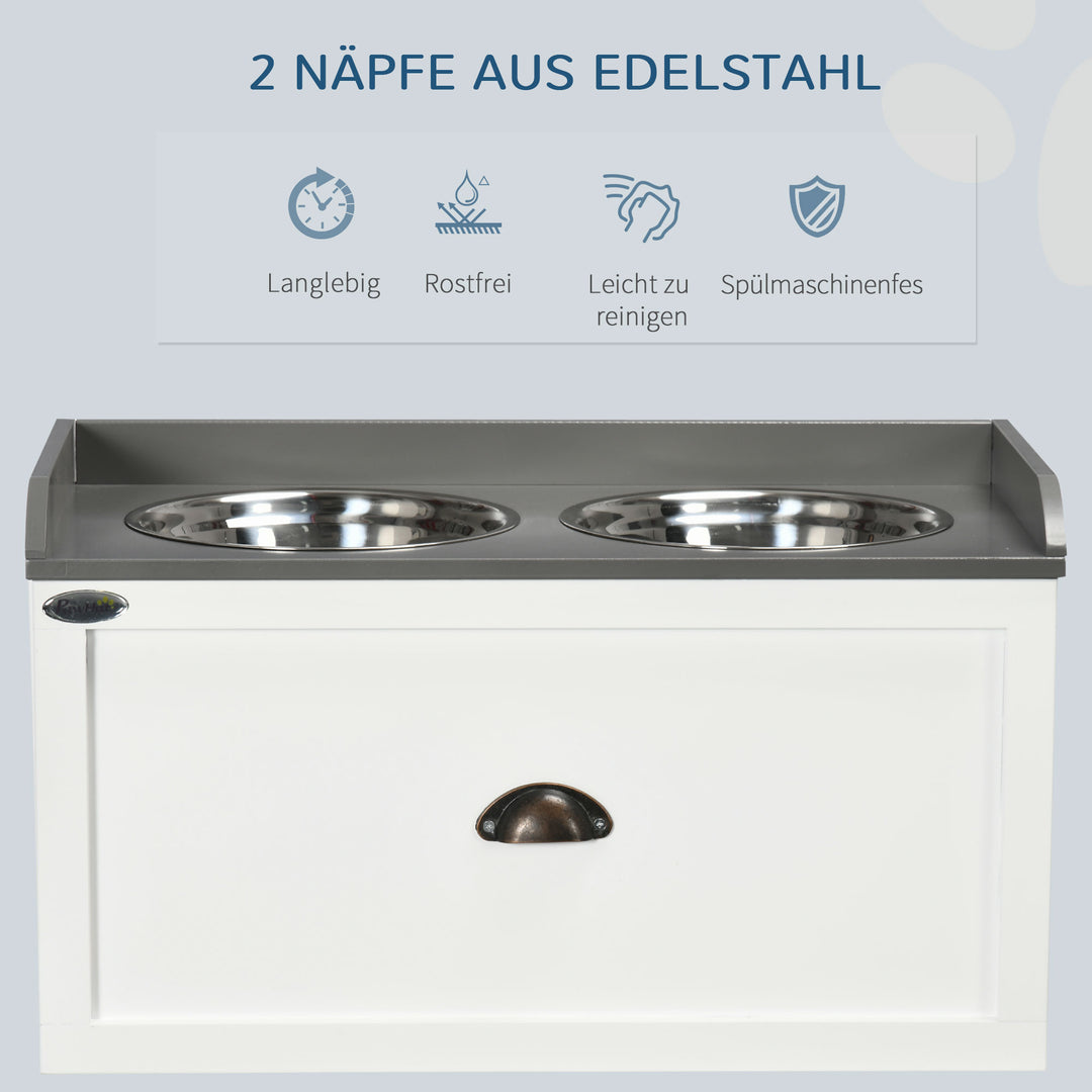 Foderstation, 2 skåle (2 liter hver), rustfrit stål, med skuffe, til store hunde, hvid+grå, 60 x 30 x 36 cm