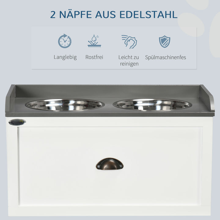 Foderstation, 2 skåle (2 liter hver), rustfrit stål, med skuffe, til store hunde, hvid+grå, 60 x 30 x 36 cm