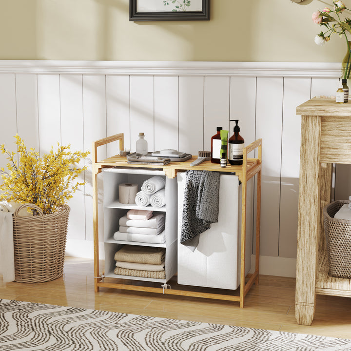 Vasketøjskurv med vasketøjspose, stofskuffe, bambus, 70x36x70 cm, hvid/træ