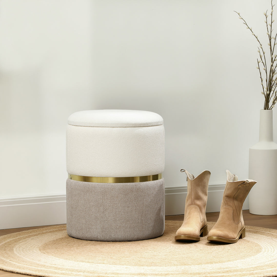 Opbevaringsskammel med låg, metalring, tofarvet design 36 x 36 x 44 cm cremehvid