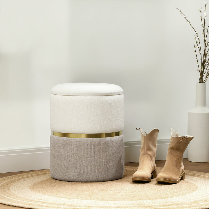 Opbevaringsskammel med låg, metalring, tofarvet design 36 x 36 x 44 cm cremehvid