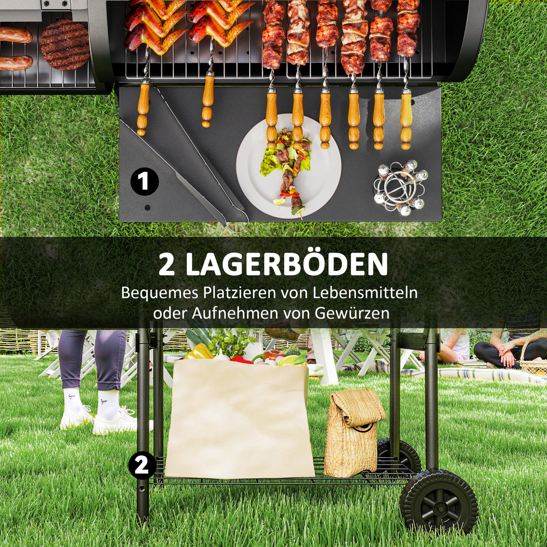 Kulgrill af stål bbq-ryger med låg, termometer, hjul, lufttilførsel og kulbakke