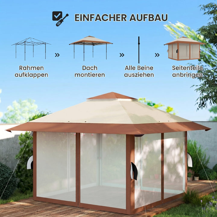 4 x 4 m havepavillon, havetelt med netvægge, UPF50+ beskyttelse, højdejusterbart partytelt, beige