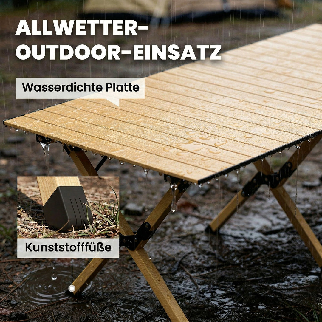 Campingbord 117 x 60 cm, klapbord i aluminium med oprullelig bordplade, trælook, vandtæt bæretaske