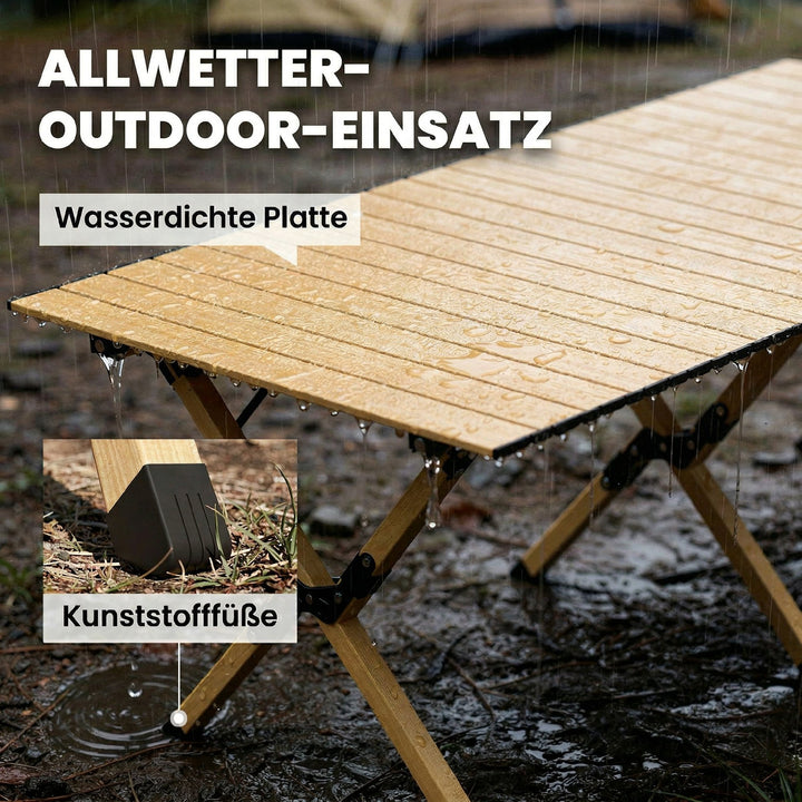 Campingbord 117 x 60 cm, klapbord i aluminium med oprullelig bordplade, trælook, vandtæt bæretaske