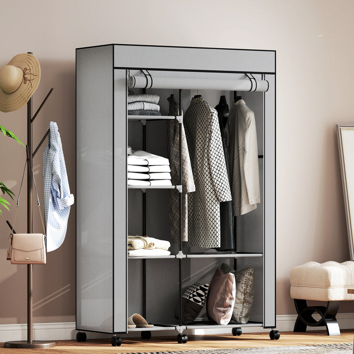 Stofgarderobe, opbevaringsløsning, 6 hylder, 1 garderobestang, lysegrå