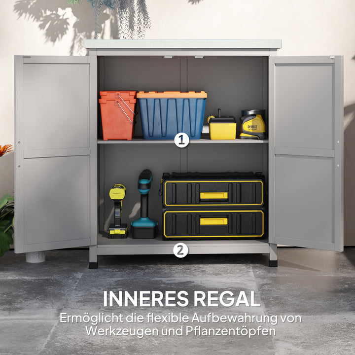 Haveskab, udendørsskab med arbejdsflade, værktøjsskab, massivt træ, stål, 79b x 43d x 92h cm, grå