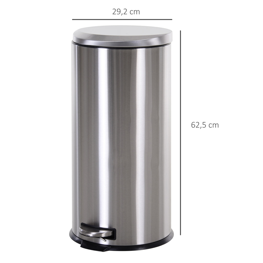 30L skraldespand, pedalspand i rustfrit stål, skraldespand med indvendig spand, skraldespand med låg og fodpedal, til stue, kontor, ø29,2 x 62,5 cm