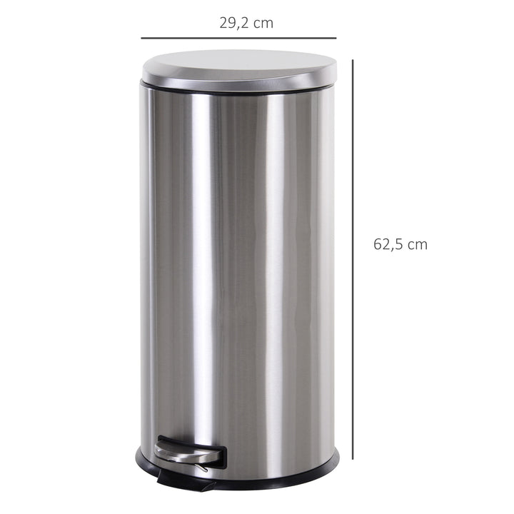 30L skraldespand, pedalspand i rustfrit stål, skraldespand med indvendig spand, skraldespand med låg og fodpedal, til stue, kontor, ø29,2 x 62,5 cm