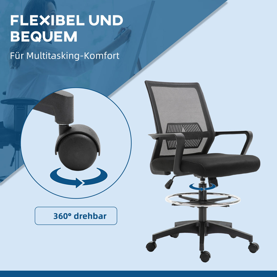 Kontorstol, højdejusterbar skrivebordsstol med fodstøtte, ryglæn i net, sammenrullbar, plastik, sort