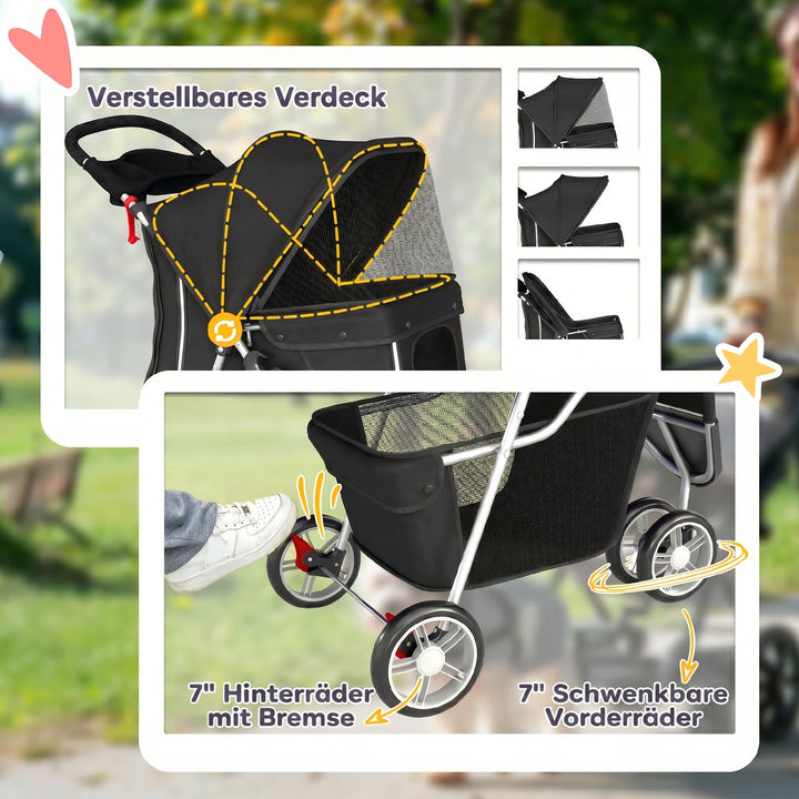 Sammenklappelig hundevogn/klapvogn med opbevaringskurv, hynde, netvindue og kopholder til små hunde op til 10 kg, sort