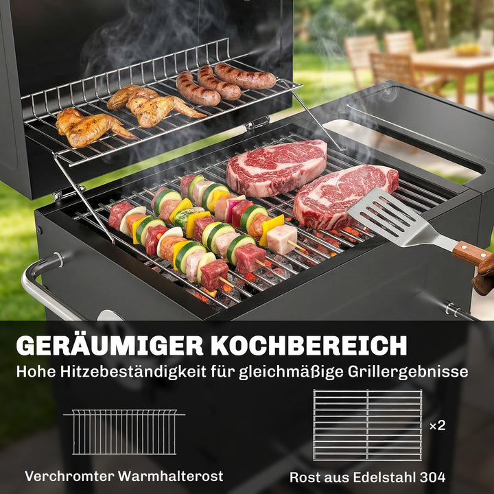 Kompakt kulgrillvogn med låg, termometer, grillrist, sidebord, askeskuffe og ventilationsåbninger.