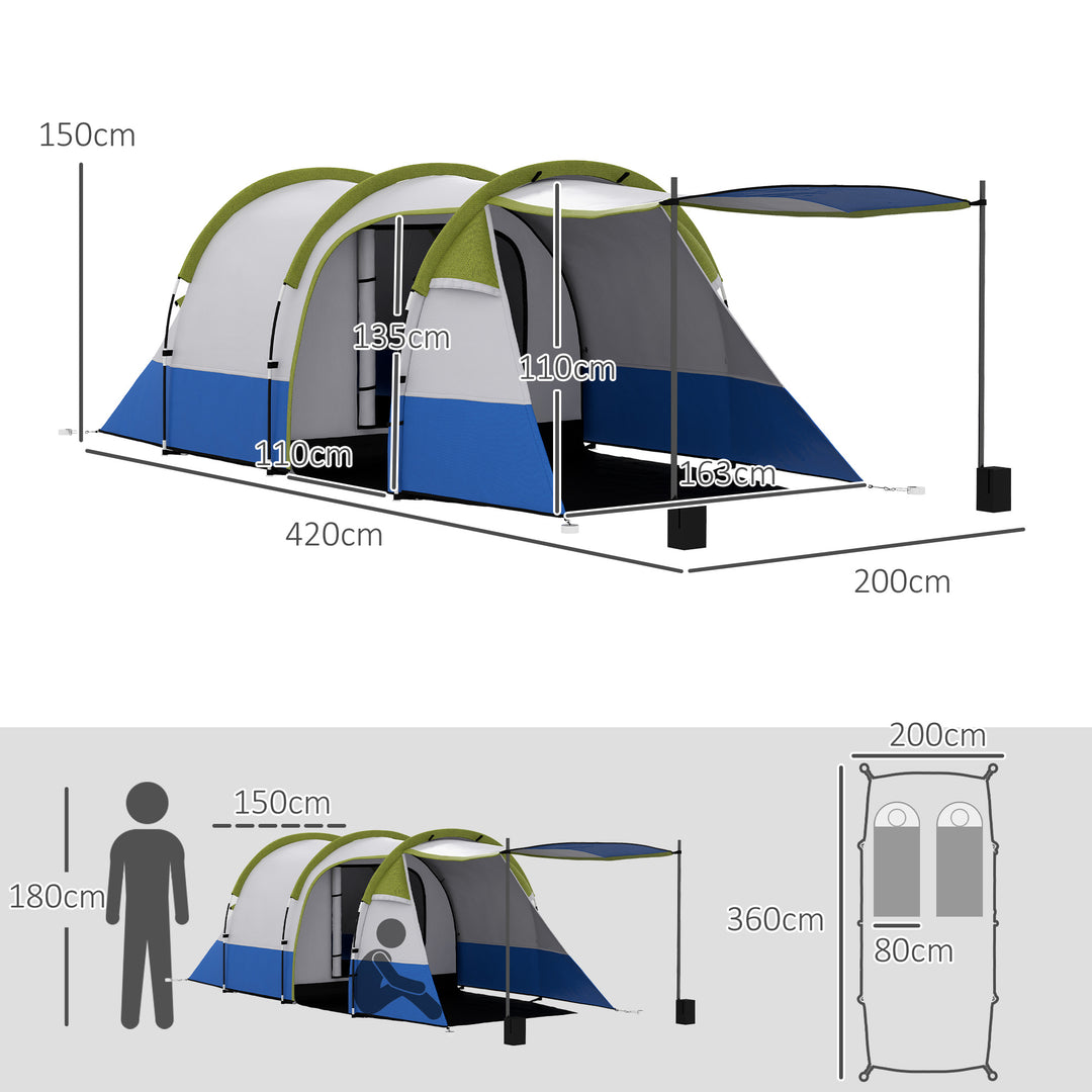 Campingtelt, til 3 personer, lanternekrog, tre indgange, vandtæt, grøn