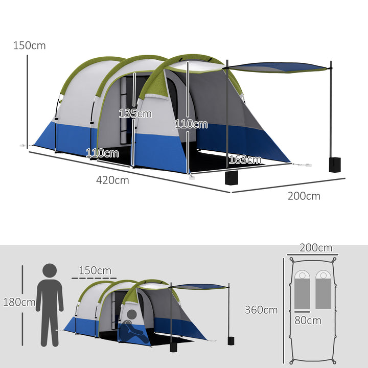 Campingtelt, til 3 personer, lanternekrog, tre indgange, vandtæt, grøn