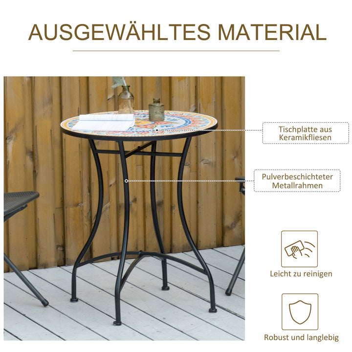 Havebord 60 cm, vejrbestandigt balkonbord af metal, udendørs spisebord, campingbord, sidebord, rundt terrassebord til haven, terrasse, balkon, rød + blå + hvid