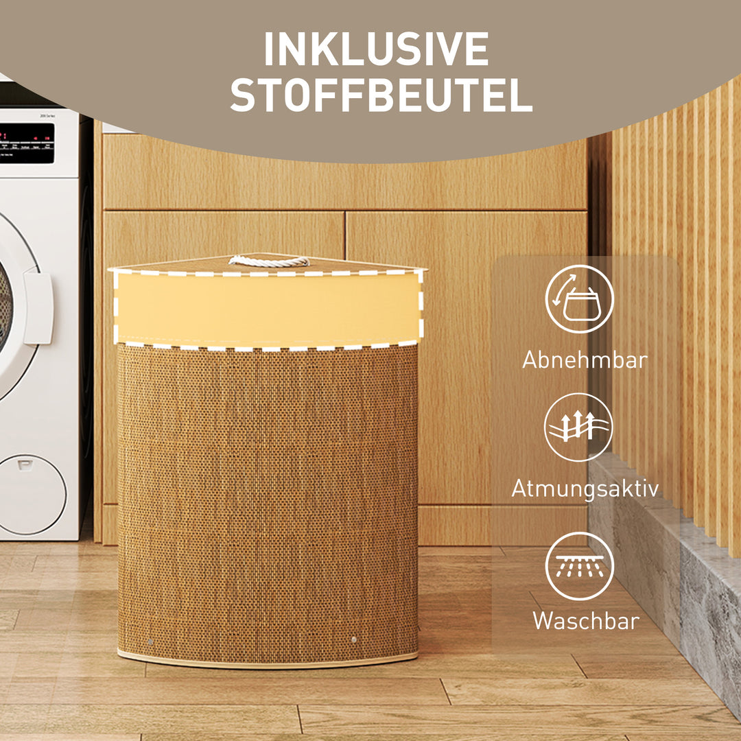 Hjørnevasketøjskurv, bambusvævet, 55 liter, stofpose, metalramme, brun