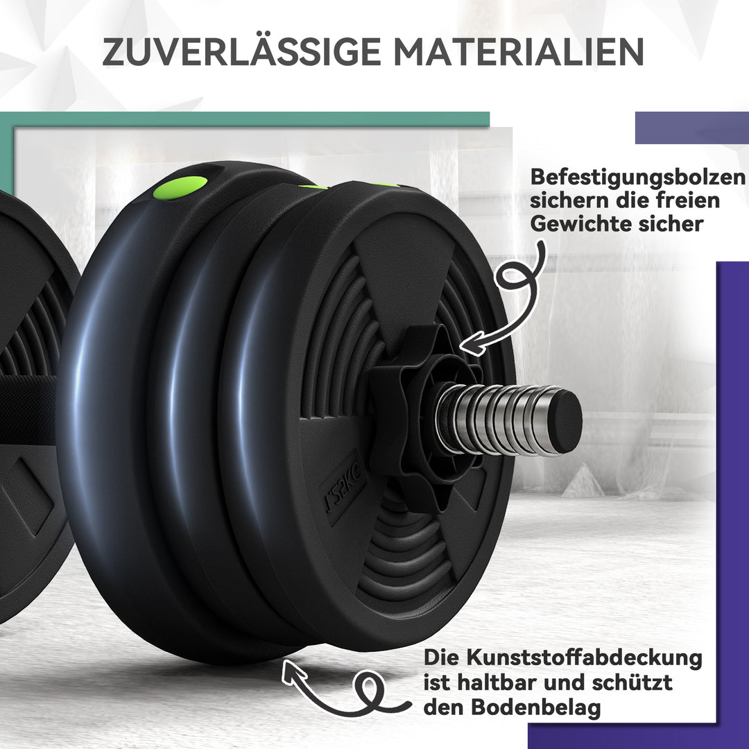 2-i-1 håndvægtsæt, vægtstang og håndvægt, 20 kg, skridsikker, gulvvenlig, sort/grøn