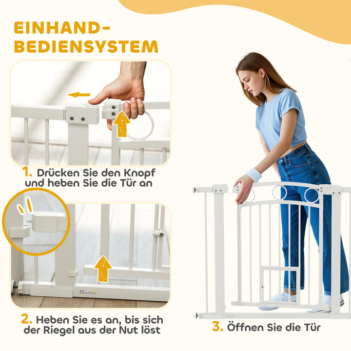 Kæledyrsgitter, 77 cm trappegitter, justerbar bredde 76-104 cm, med kattelem, til trapper og døråbninger, hvid