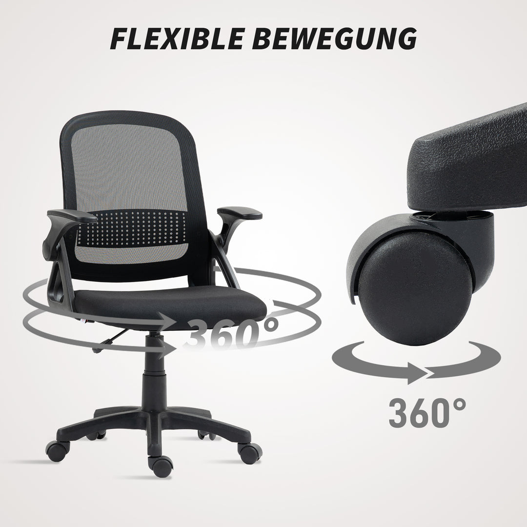 Åndbar netkontorstol, ergonomisk drejestol med foldbare armlæn og lændestøtte, sort