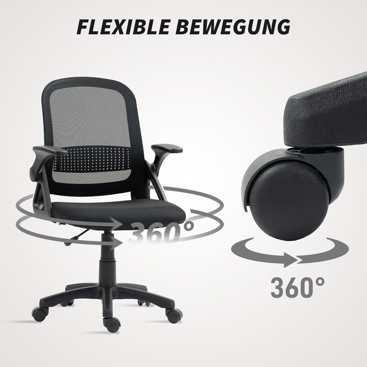 Åndbar netkontorstol, ergonomisk drejestol med foldbare armlæn og lændestøtte, sort