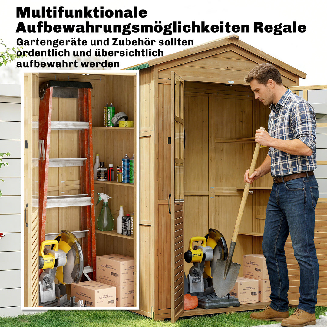 Haveskab i træ med hylde, aflåselig dør, bundplade, asfalttag, ventilationspanel, 128x57,5x197cm