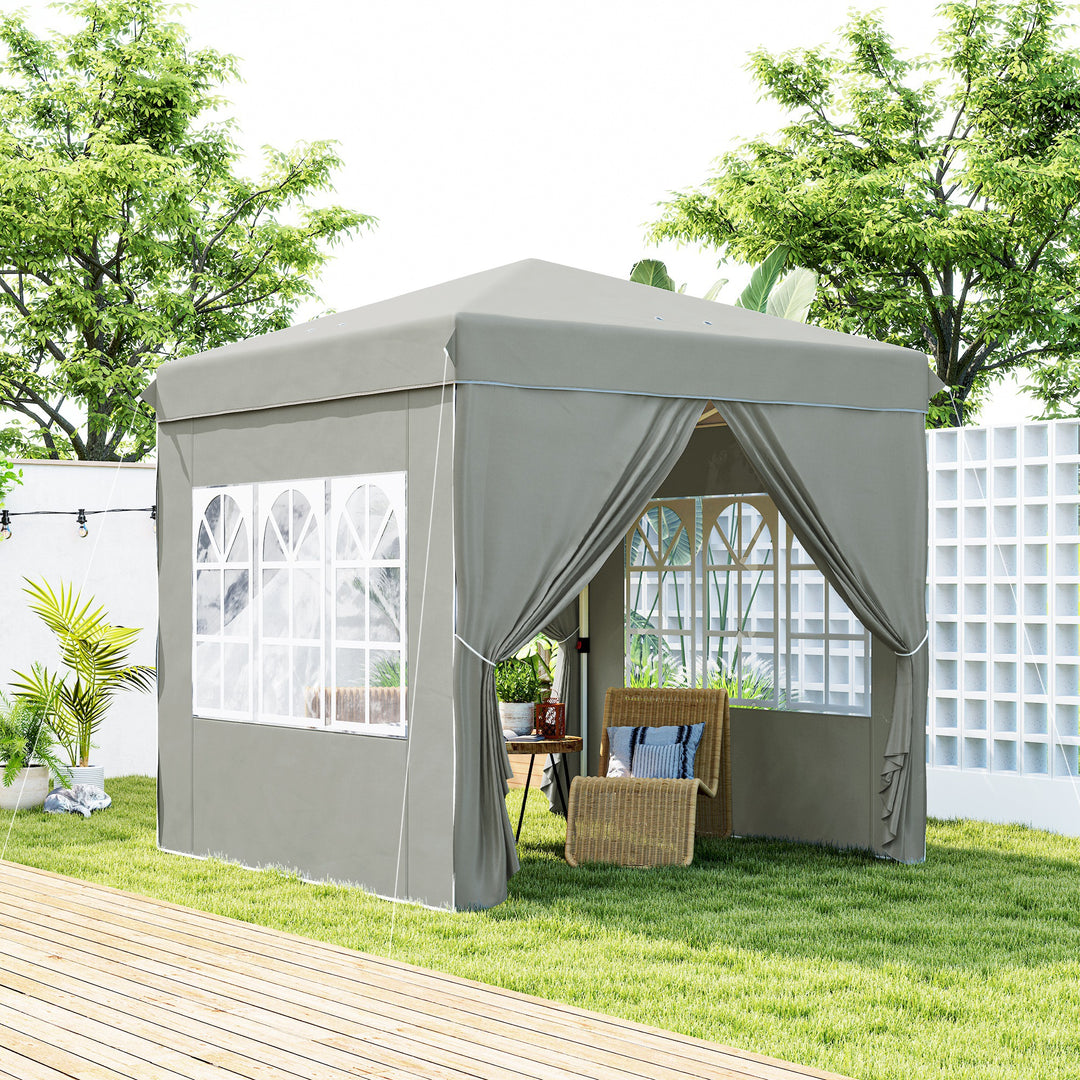 2,5 x 2,5 m pop-up pavillon med sidevægge og bæretaske, UPF50+ højdejusterbart havetelt, lysegrå