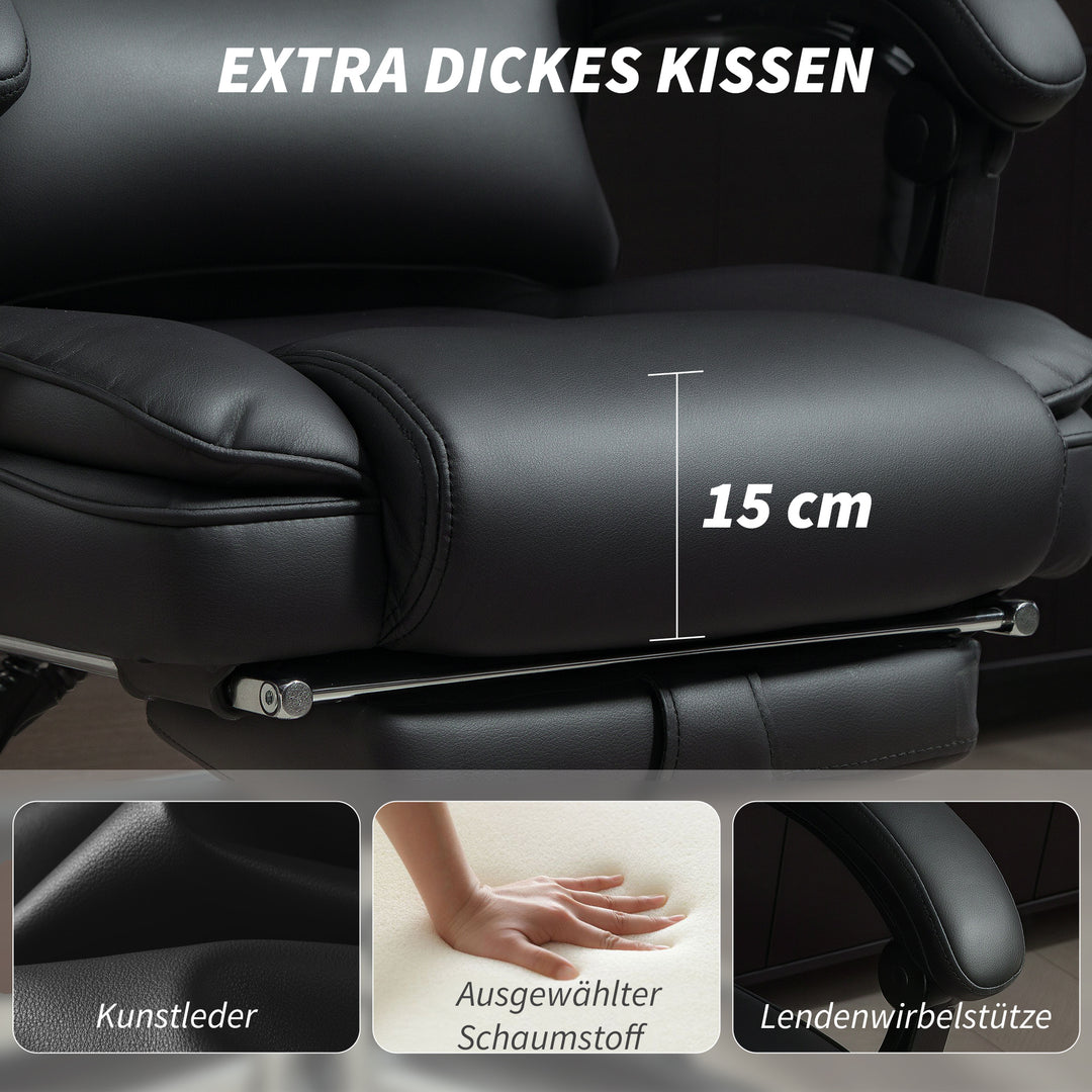 Kontorstol, ergonomisk højdejusterbar drejestol med lændestøtte, armlæn, fodstøtte, PU-læder, sort