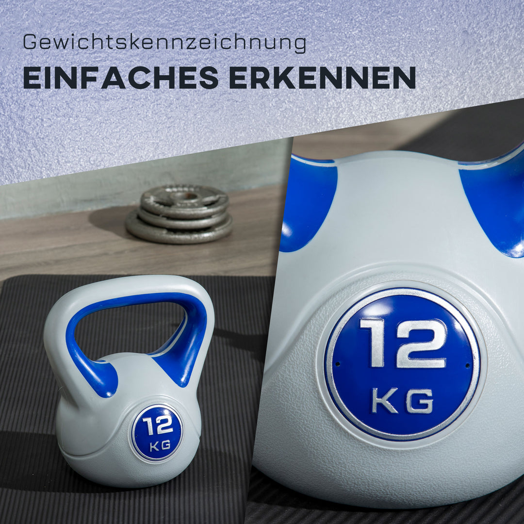 Kettlebell, 12 kg, flad bund, stort håndtag, plastbelægning, blå, 24 x 17 x 28 cm