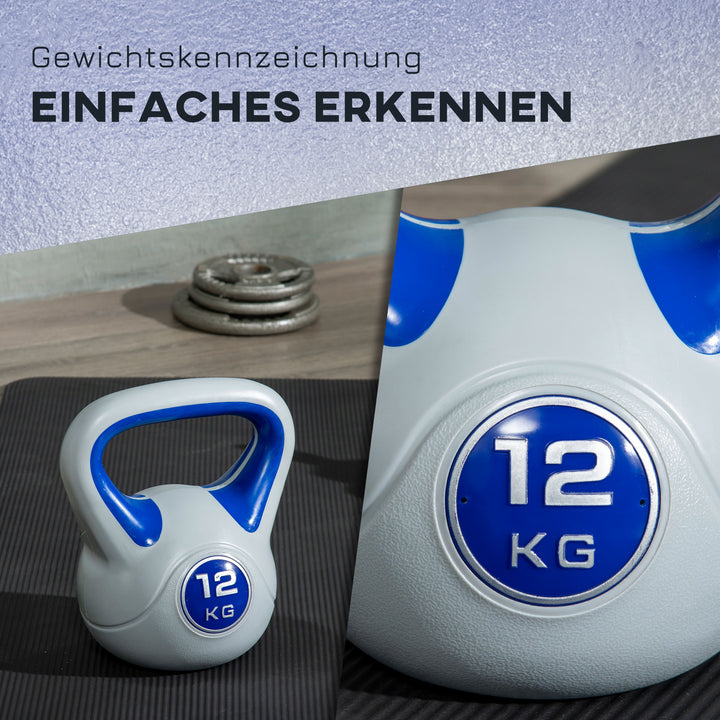 Kettlebell, 12 kg, flad bund, stort håndtag, plastbelægning, blå, 24 x 17 x 28 cm