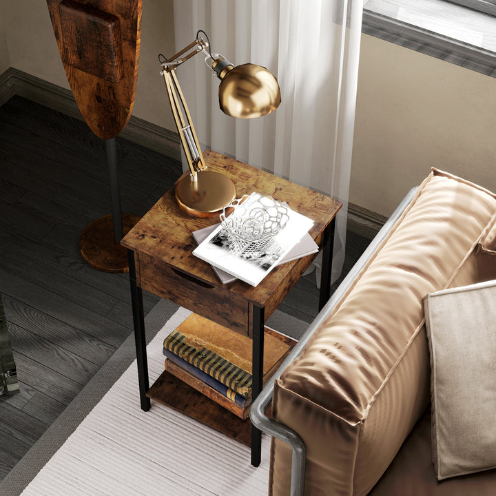 Sidebord i industriel stil med skuffe og opbevaringsrum, metalstel, træ, 40 x 40 x 68 cm, brun