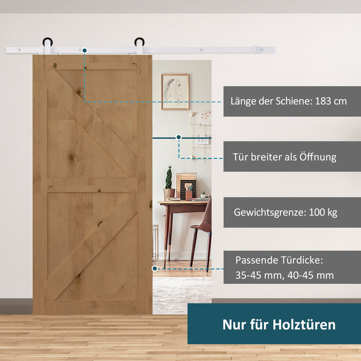 Skydedørsskinnesæt, støjsvage hjul, pladsbesparende, kulstofstål, hvid, 183 cm
