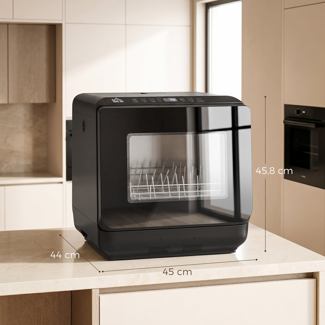 Bordopvaskemaskine, miniopvaskemaskine med 6-liters tank, 5 programmer, LED-display, tørrefunktion, sort