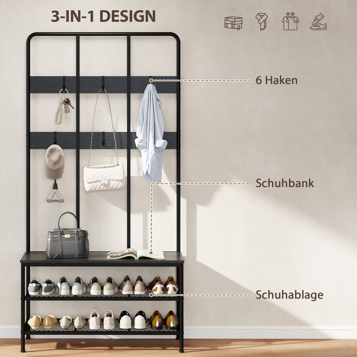 3-i-1 knagerække, knage, bænk, skohylde, metal, spånplade, sort