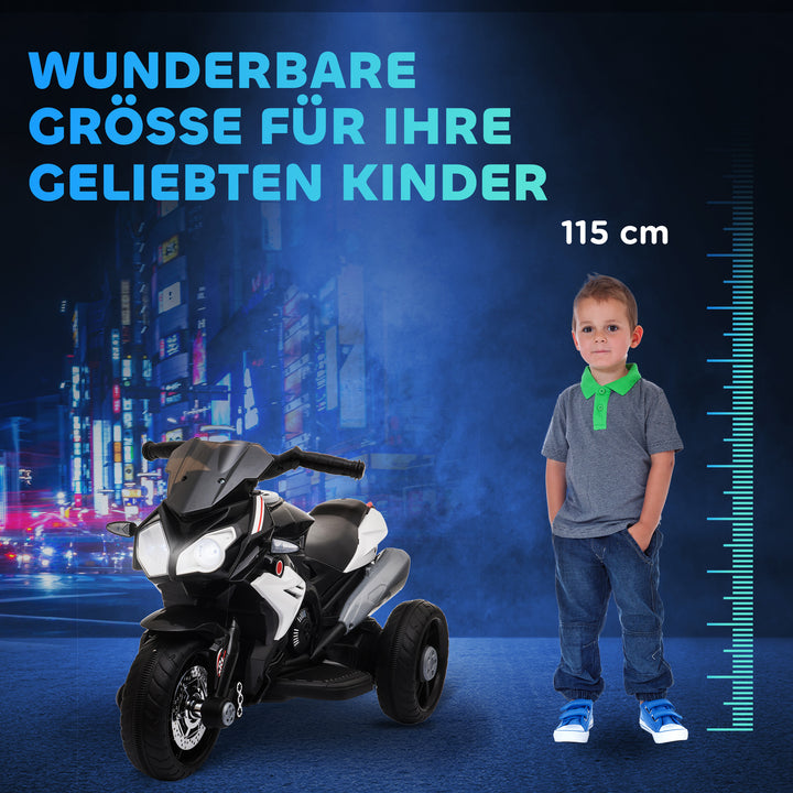 Elektrisk børnemotorcykel, lys og lyd, 3 km/t, genopladelig, plast og metal, sort/hvid