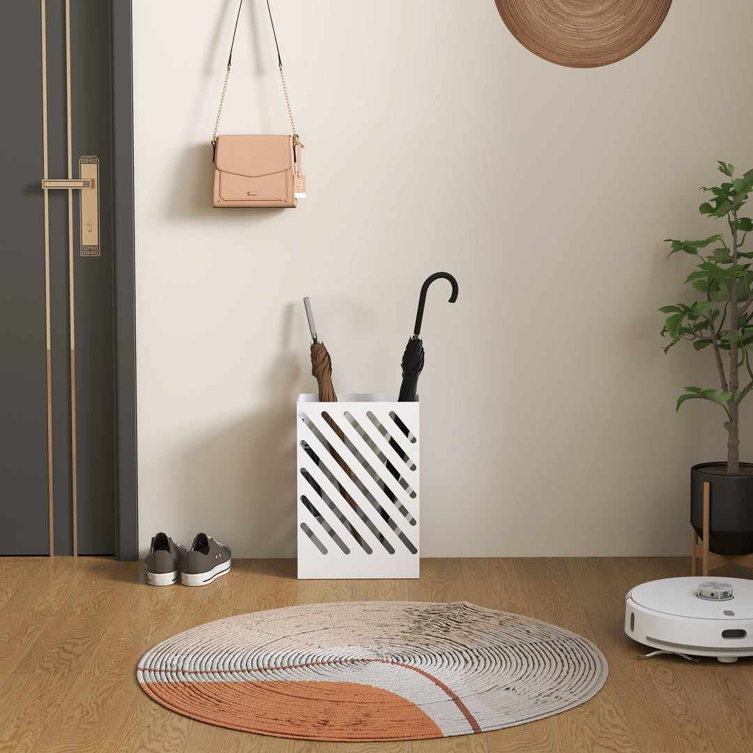 Paraplystativ med drypbakke, 4 kroge, stål, 28l x 14b x 41h cm, hvid