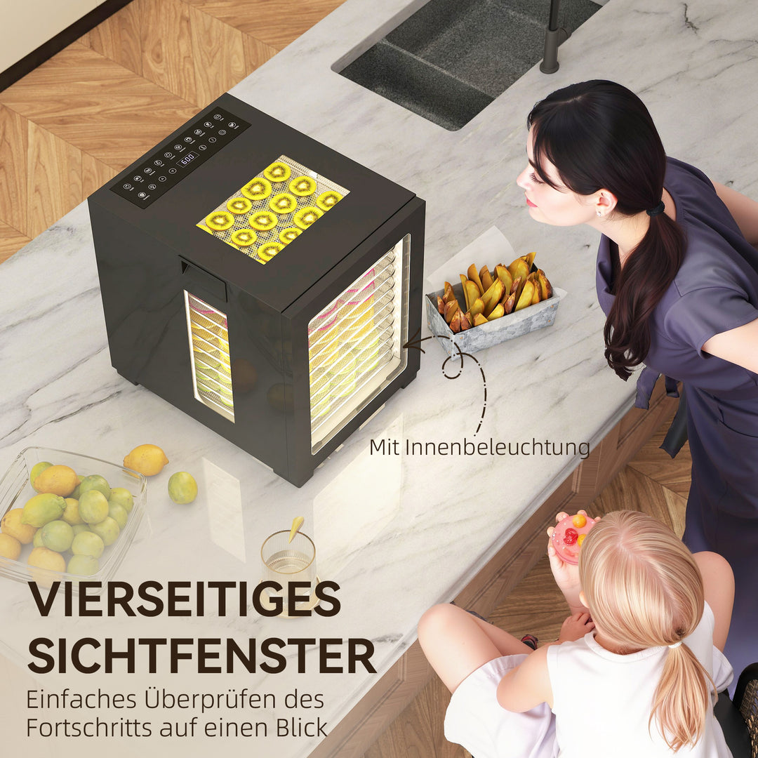 Mad-dehydrator, 850 w, 40-70°c temperaturkontrol, 48-timers timer, 12 bakker, rustfrit stål, sort