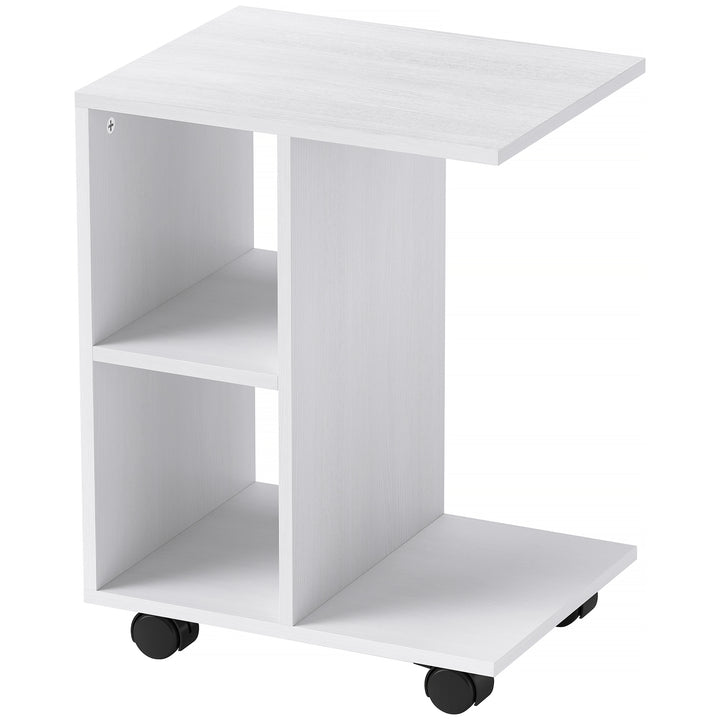 C-formet sidebord, sofabord, hjørneskrivebord, med hjul, e1 spånplade, 45 x 35 x 58 cm, hvid
