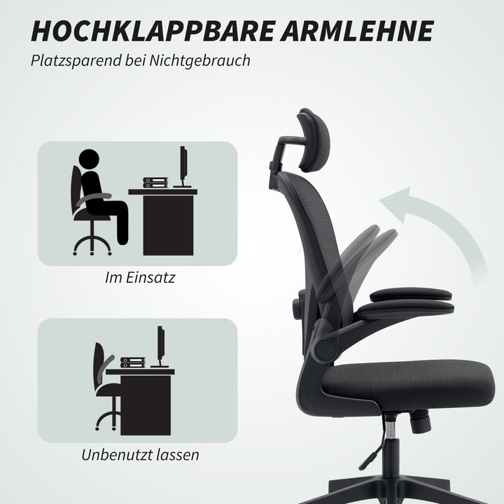Ergonomisk kontorstol med opklappelige armlæn og justerbar lændestøtte, sort