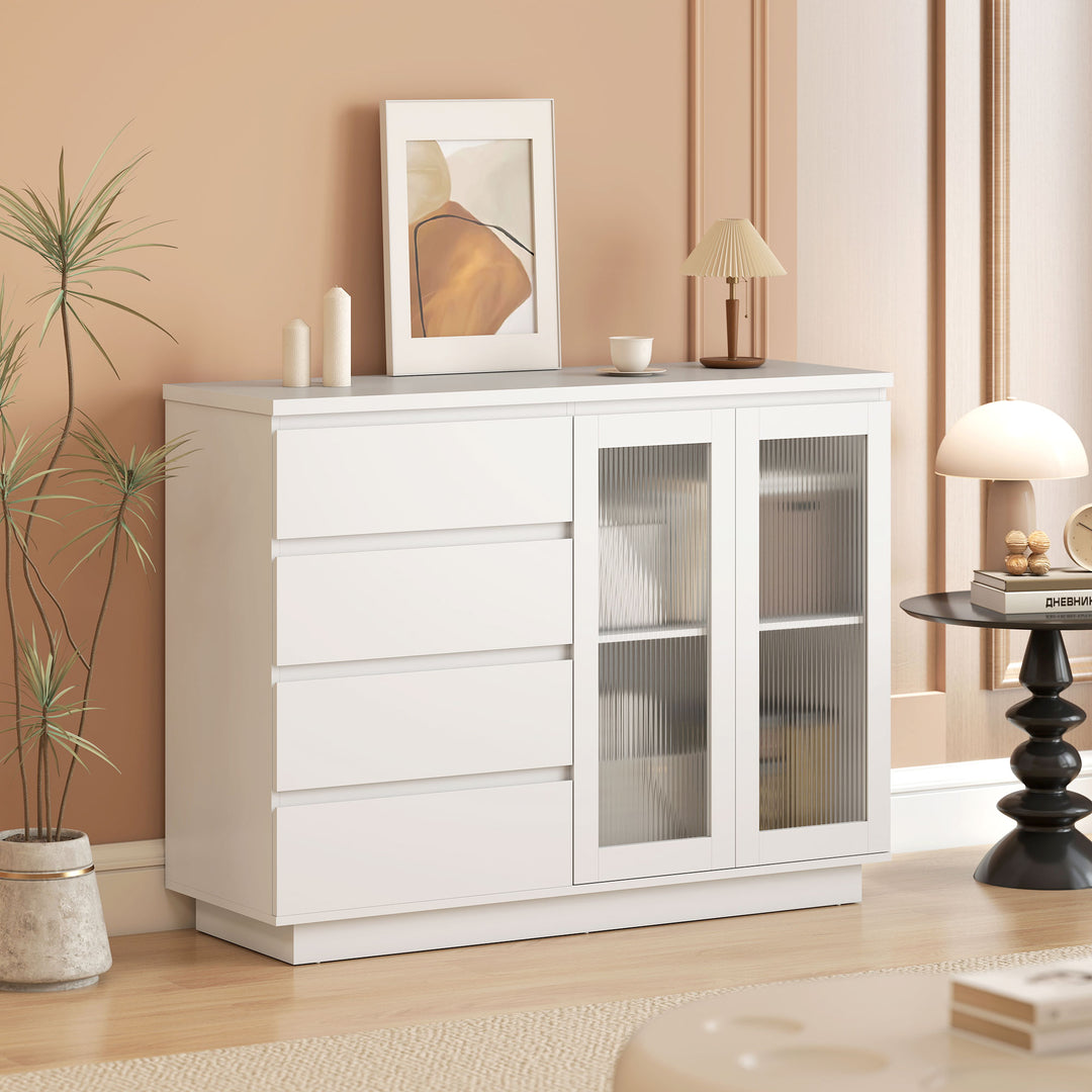 Buffetskab, skænk med 4 skuffer, 2 vitrinelåger, moderne design, MDF, hvid