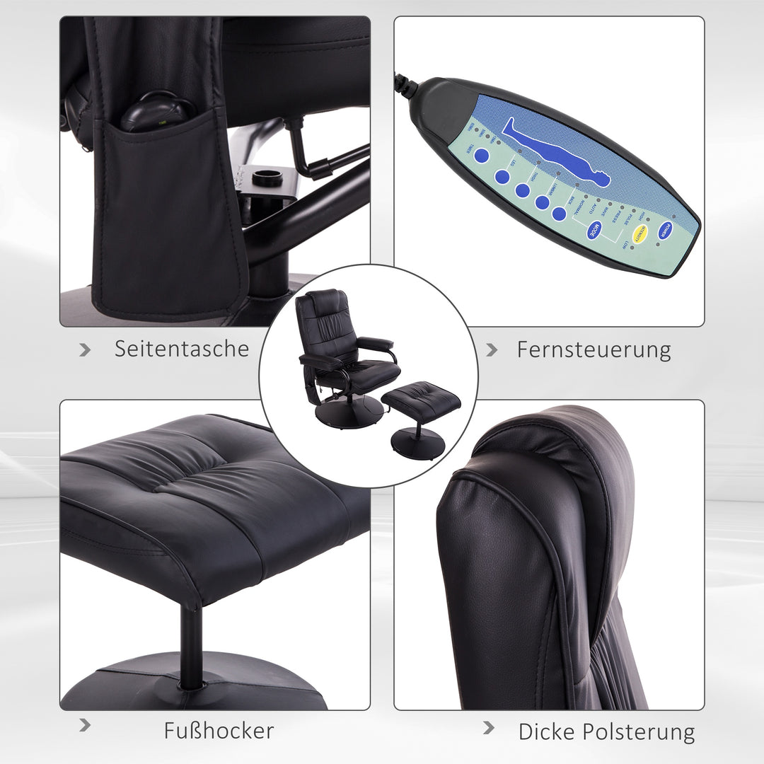 Massagestol med fodskammel, drejelig lænestol med massagefunktion, elektrisk TV-lænestol med lænefunktion, fjernbetjening til stuen, kunstlæder, sort